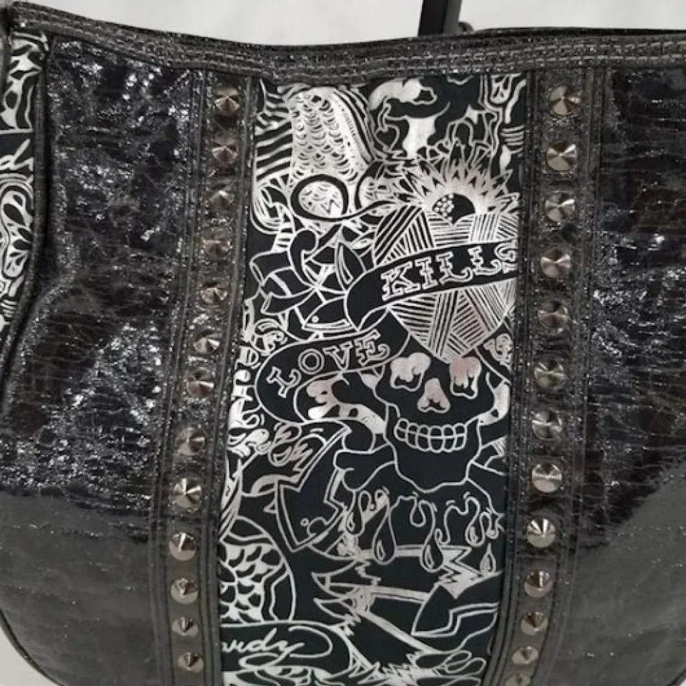 Ed Hardy Black & Silver Patent Leather Shoulder Bag Regualer Medium Size Bag - Picture 3 of 9